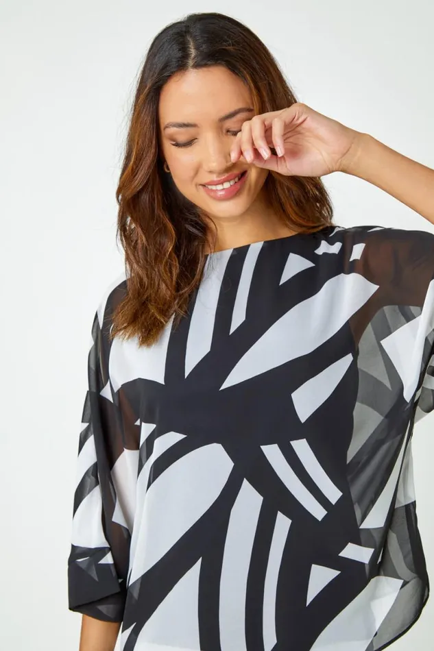 Women Black Abstract Print Chiffon Overlay Top Roman Tops