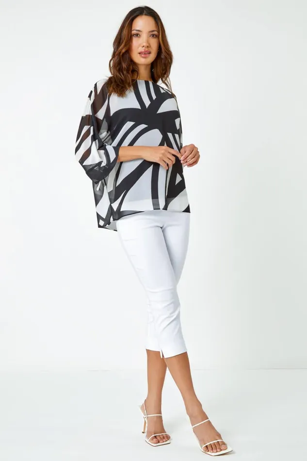 Women Black Abstract Print Chiffon Overlay Top Roman Tops
