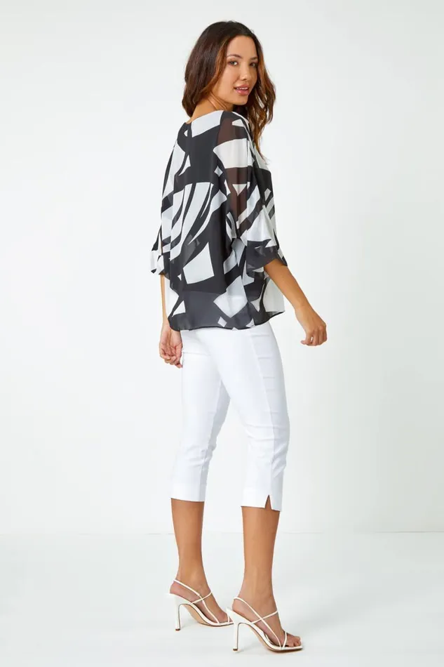 Women Black Abstract Print Chiffon Overlay Top Roman Tops