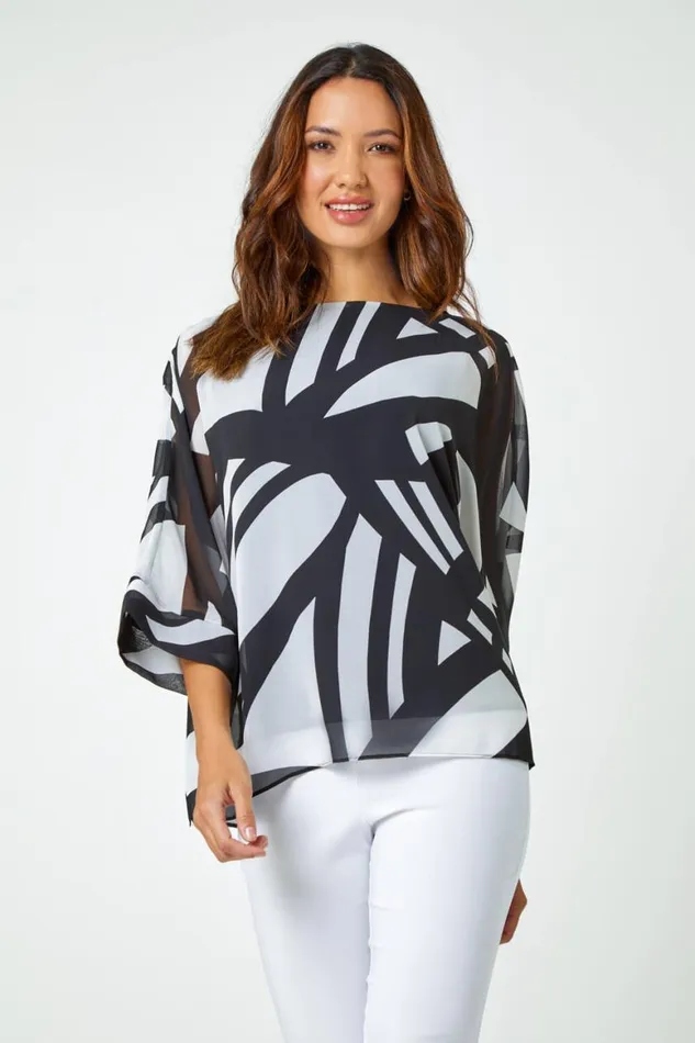 Women Black Abstract Print Chiffon Overlay Top Roman Tops