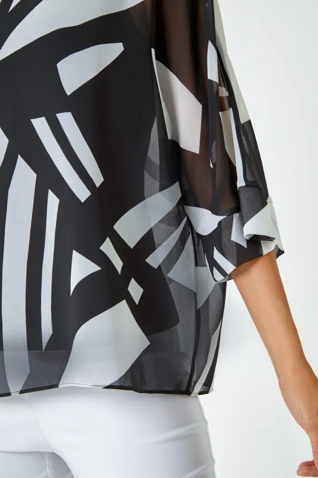 Women Black Abstract Print Chiffon Overlay Top Roman Tops