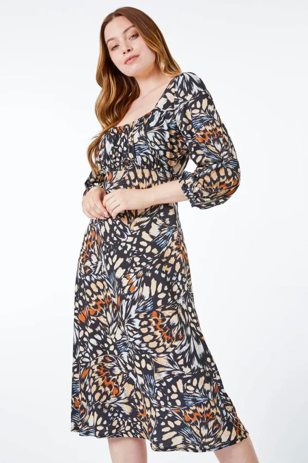 Women Black Abstract Print Sqaure Neck Jersey Dress Roman Dresses