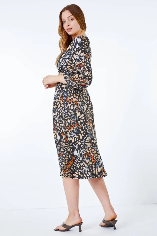 Women Black Abstract Print Sqaure Neck Jersey Dress Roman Dresses
