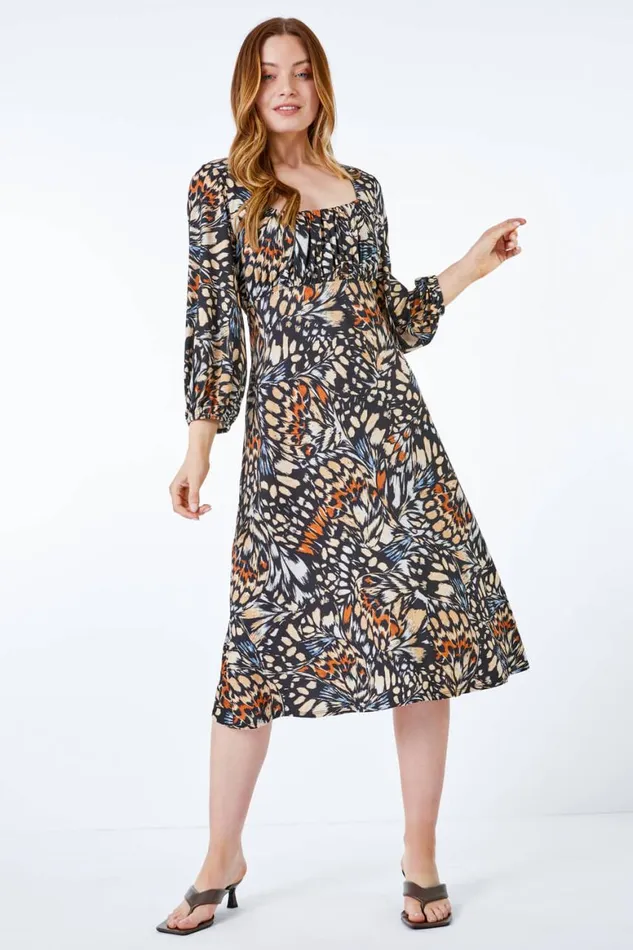 Women Black Abstract Print Sqaure Neck Jersey Dress Roman Dresses