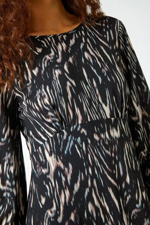 Women Black Abstract Print Stretch Swing Dress Roman Dresses