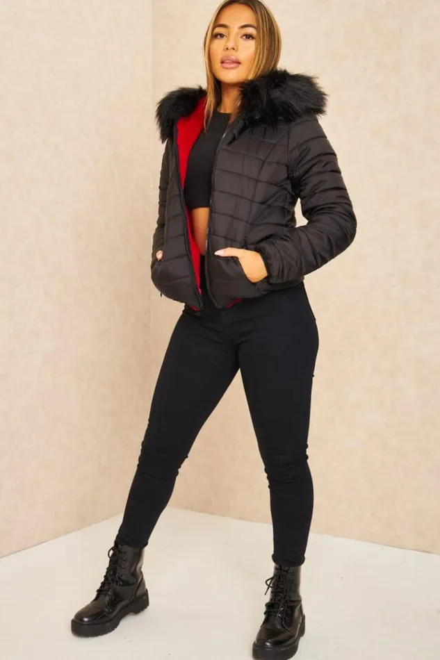 Women Black And Red Reversible Short Down Jacket Black Brentiny Paris Parkas And Down Jackets