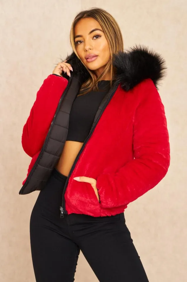 Women Black And Red Reversible Short Down Jacket Black Brentiny Paris Parkas And Down Jackets