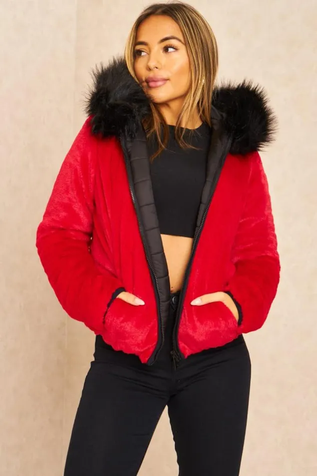 Women Black And Red Reversible Short Down Jacket Black Brentiny Paris Parkas And Down Jackets