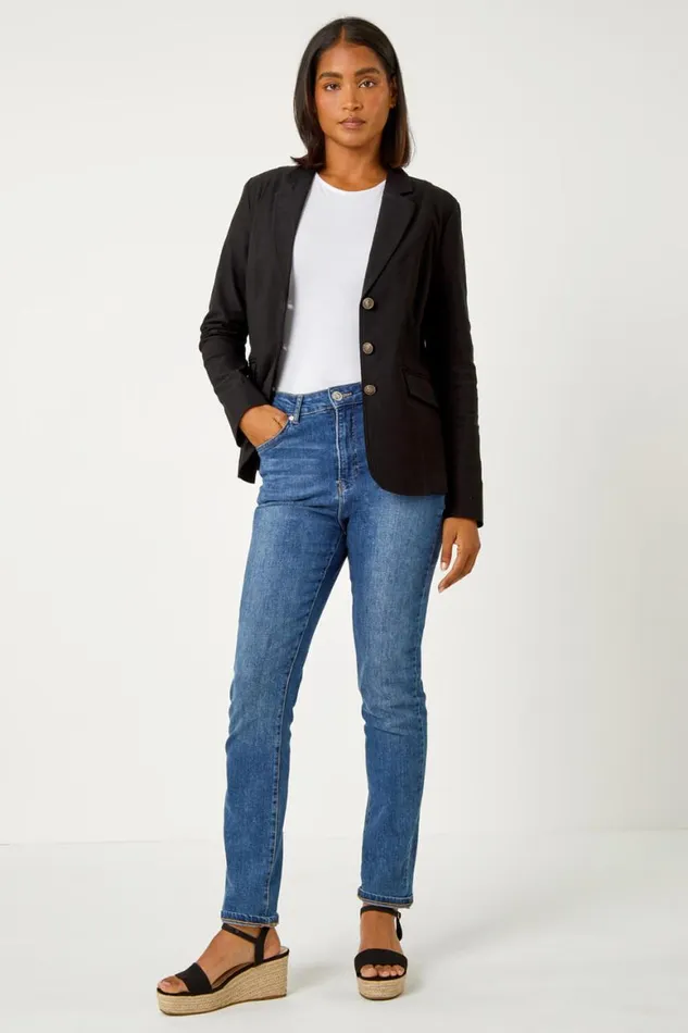 Women Black Button Detail Stretch Blazer Roman Occasionwear