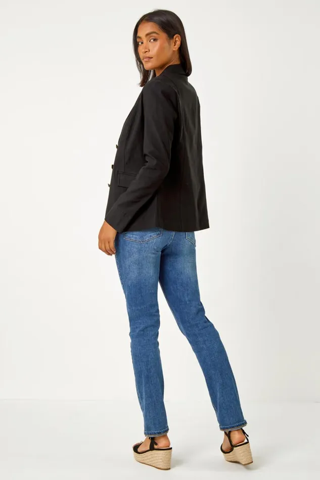Women Black Button Detail Stretch Blazer Roman Occasionwear