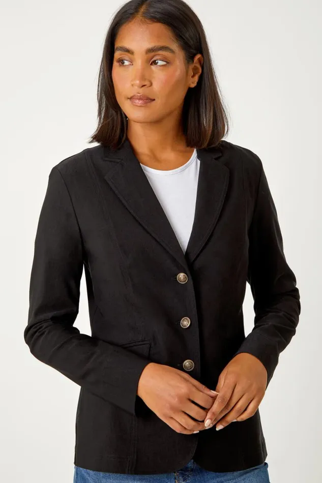 Women Black Button Detail Stretch Blazer Roman Occasionwear