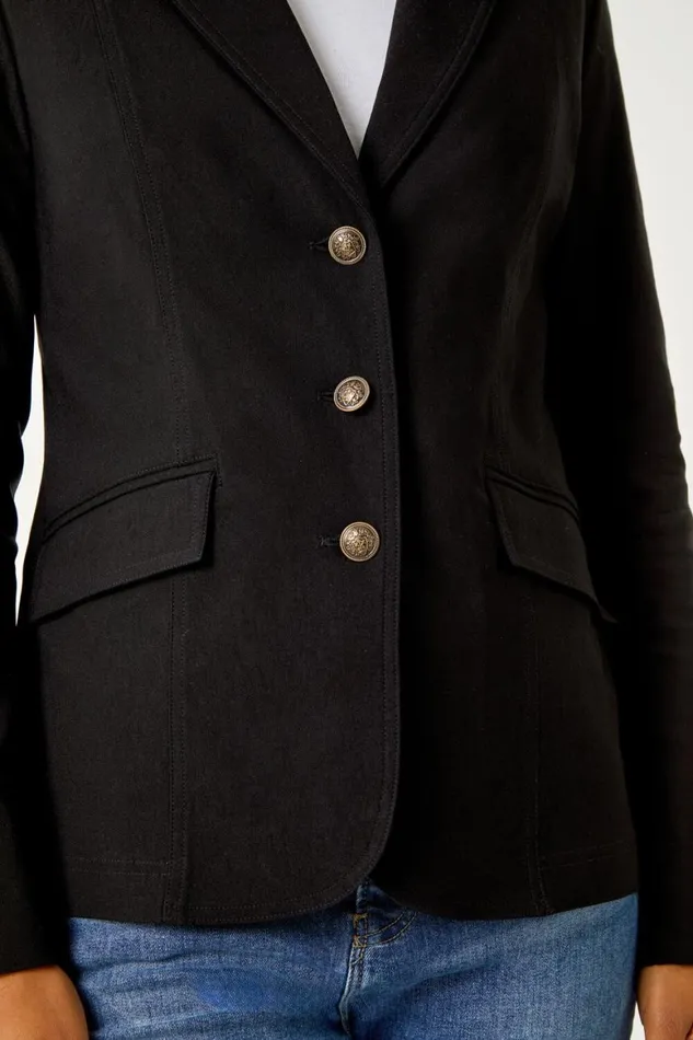 Women Black Button Detail Stretch Blazer Roman Occasionwear