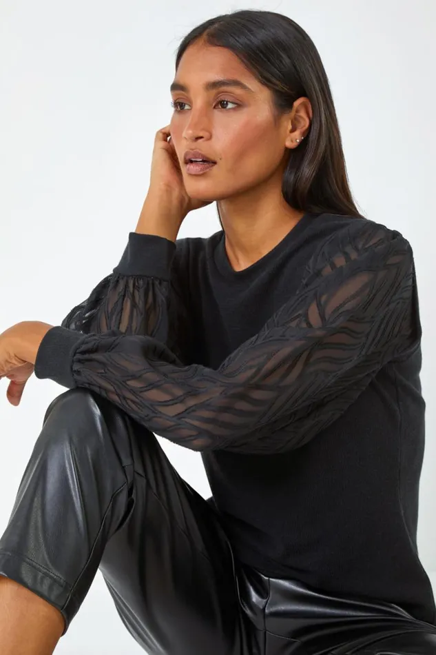 Women Black Chiffon Sleeve Overlay Stretch Top Roman Tops