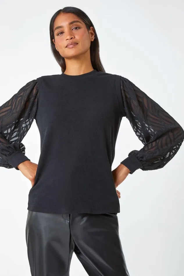 Women Black Chiffon Sleeve Overlay Stretch Top Roman Tops