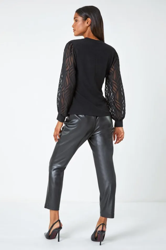 Women Black Chiffon Sleeve Overlay Stretch Top Roman Tops