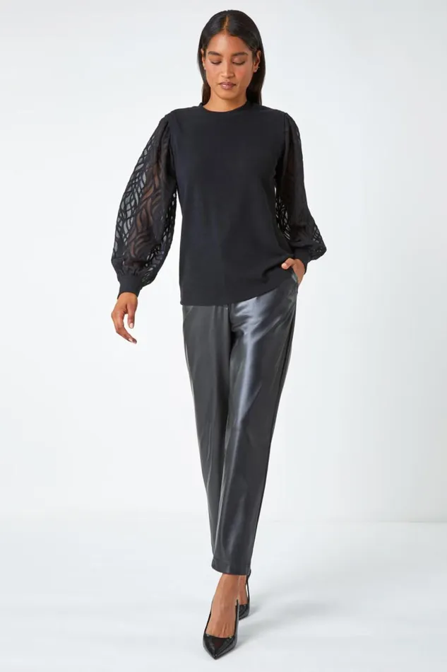 Women Black Chiffon Sleeve Overlay Stretch Top Roman Tops