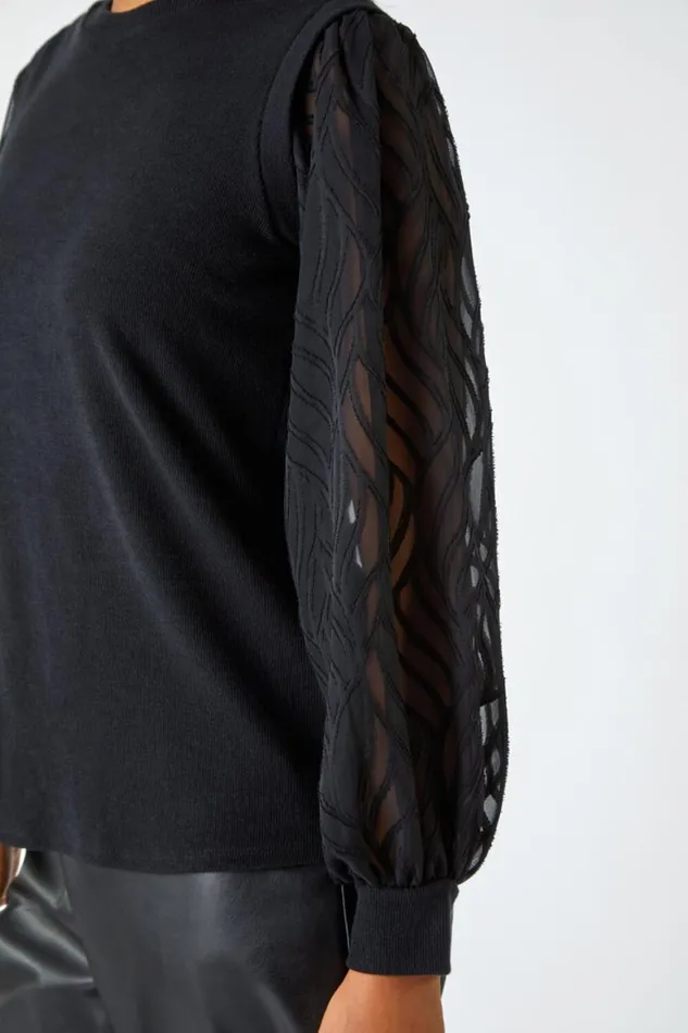 Women Black Chiffon Sleeve Overlay Stretch Top Roman Tops