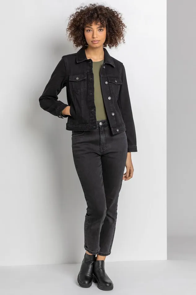 Women Black Classic Cotton Denim Jacket Roman Coords