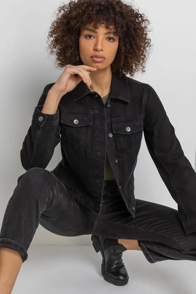Women Black Classic Cotton Denim Jacket Roman Coords