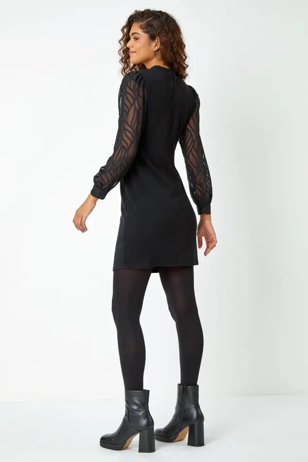 Women Black Contrast Chiffon Sleeve Stretch Dress Roman Dresses