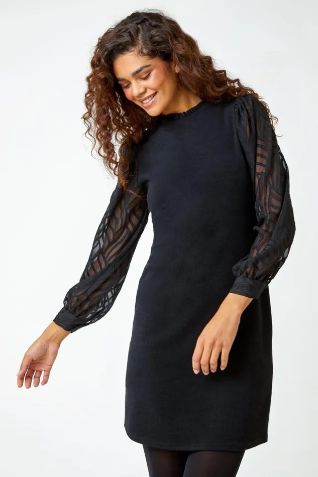 Women Black Contrast Chiffon Sleeve Stretch Dress Roman Dresses