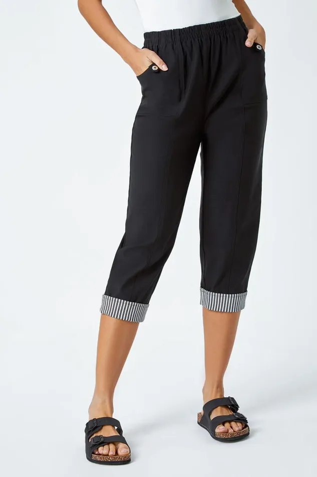 Women Black Contrast Elastic Waist Cropped Trousers Roman Trousers