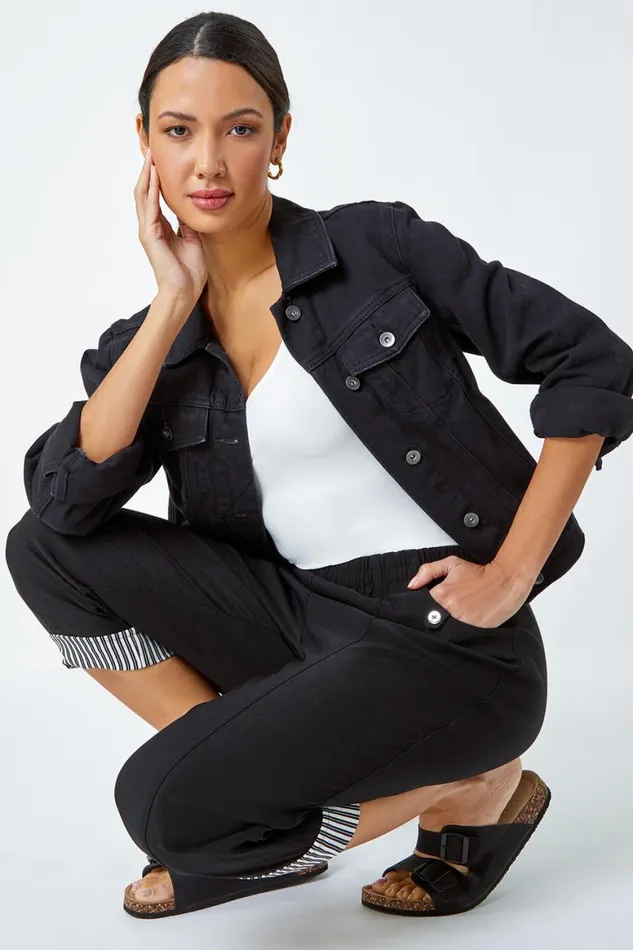 Women Black Contrast Elastic Waist Cropped Trousers Roman Trousers