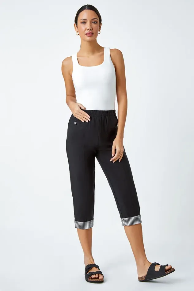 Women Black Contrast Elastic Waist Cropped Trousers Roman Trousers