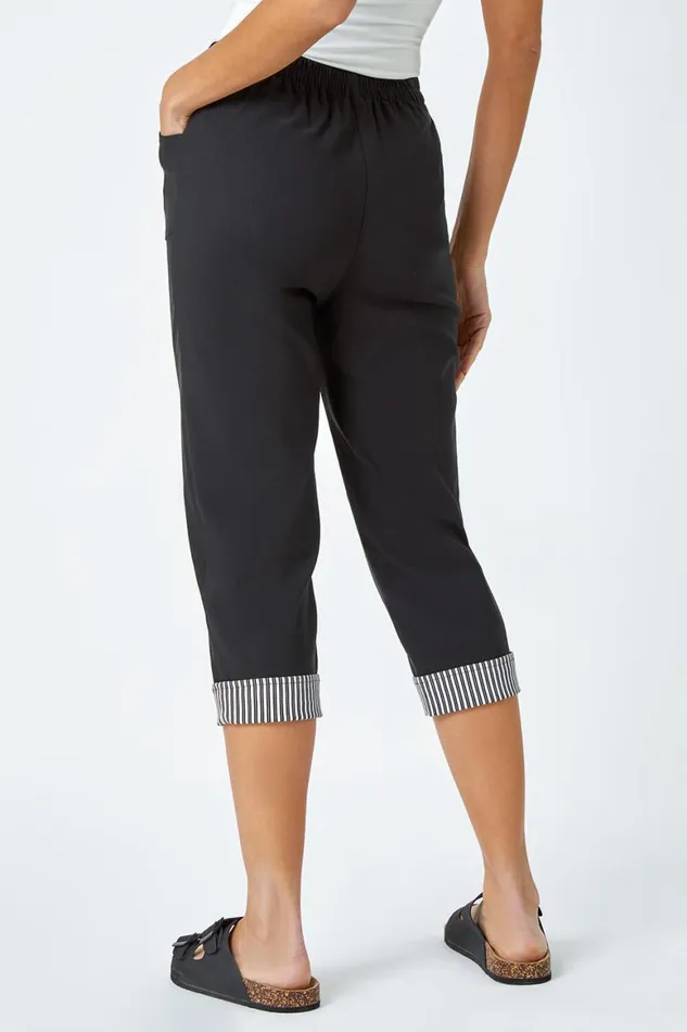 Women Black Contrast Elastic Waist Cropped Trousers Roman Trousers