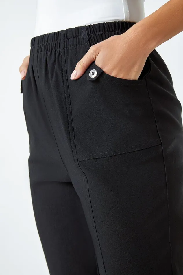 Women Black Contrast Elastic Waist Cropped Trousers Roman Trousers