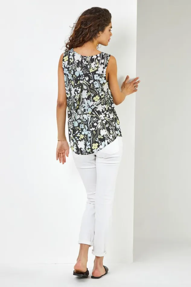Women Black Contrast Floral Print Vest Top Roman Tops