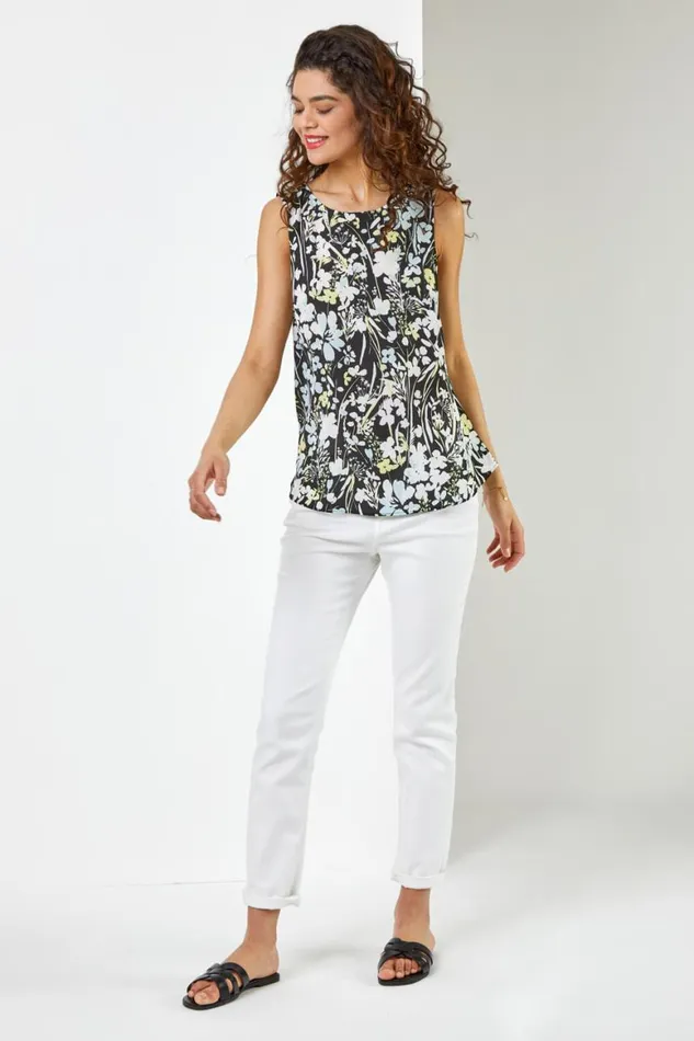 Women Black Contrast Floral Print Vest Top Roman Tops