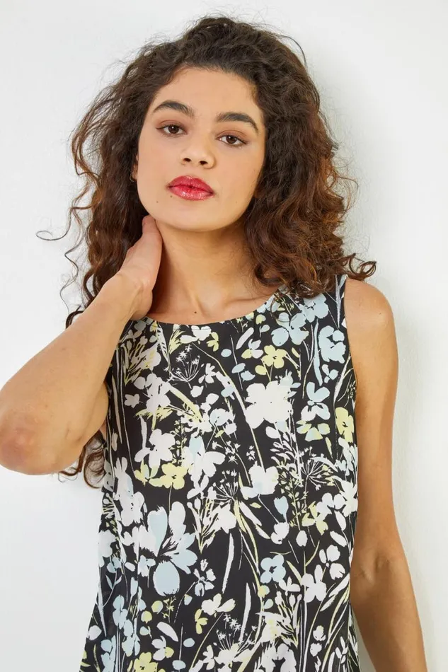 Women Black Contrast Floral Print Vest Top Roman Tops