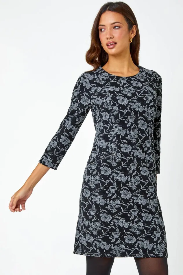 Women Black Cotton Blend Floral Shift Stretch Dress Roman Dresses