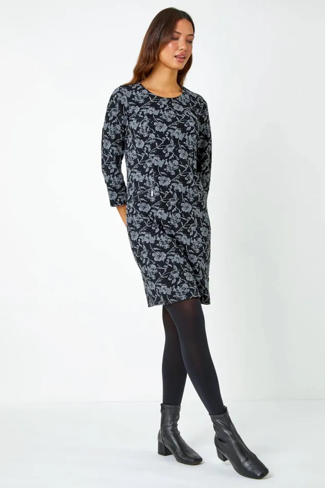 Women Black Cotton Blend Floral Shift Stretch Dress Roman Dresses