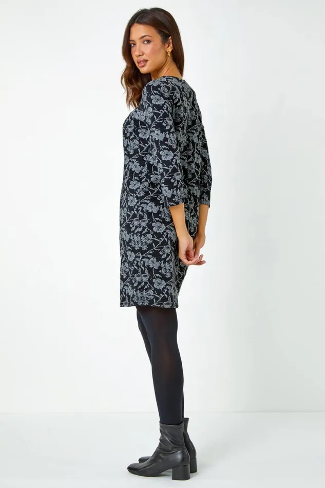 Women Black Cotton Blend Floral Shift Stretch Dress Roman Dresses