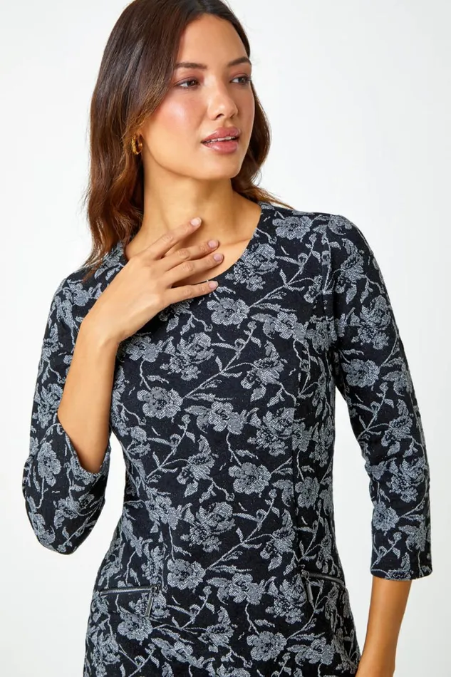 Women Black Cotton Blend Floral Shift Stretch Dress Roman Dresses