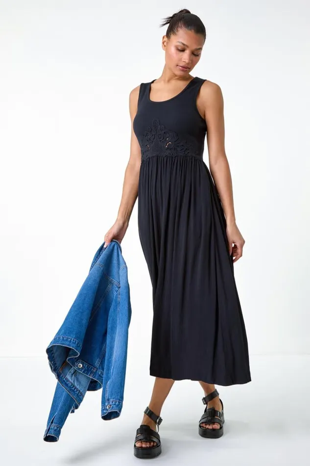 Women Black Cotton Blend Lace Detail Midi Dress Roman Dresses