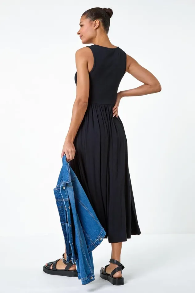 Women Black Cotton Blend Lace Detail Midi Dress Roman Dresses