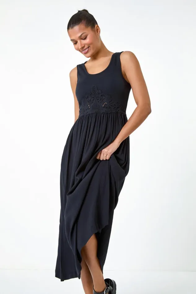 Women Black Cotton Blend Lace Detail Midi Dress Roman Dresses