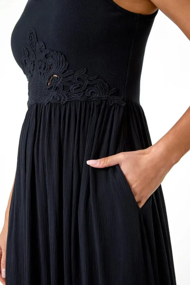 Women Black Cotton Blend Lace Detail Midi Dress Roman Dresses