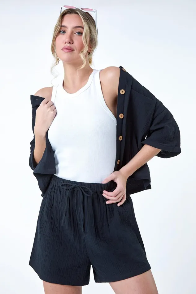 Women Black Cotton Elastic Waist Tie Detail Shorts Roman Shorts