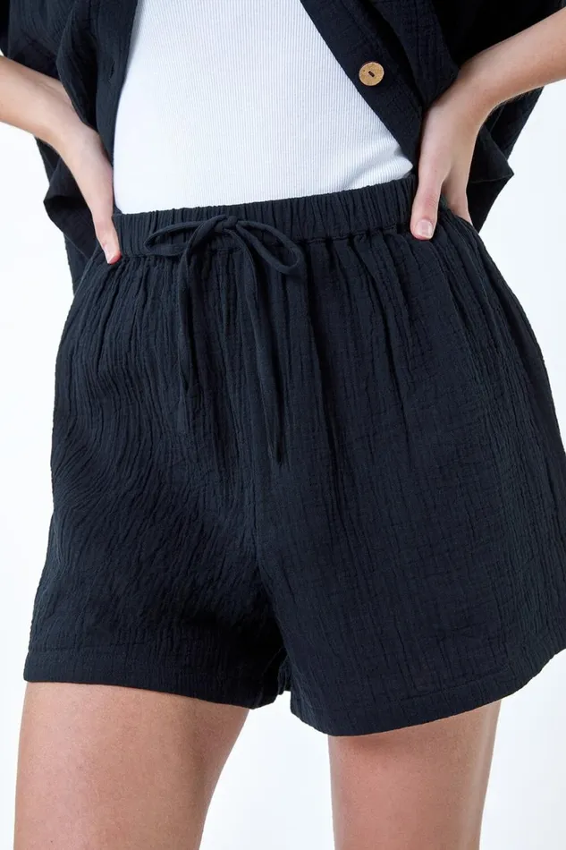 Women Black Cotton Elastic Waist Tie Detail Shorts Roman Shorts
