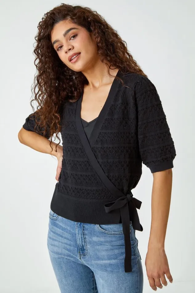 Women Black Cotton Wrap Tie Detail Cardigan Roman Knitwear