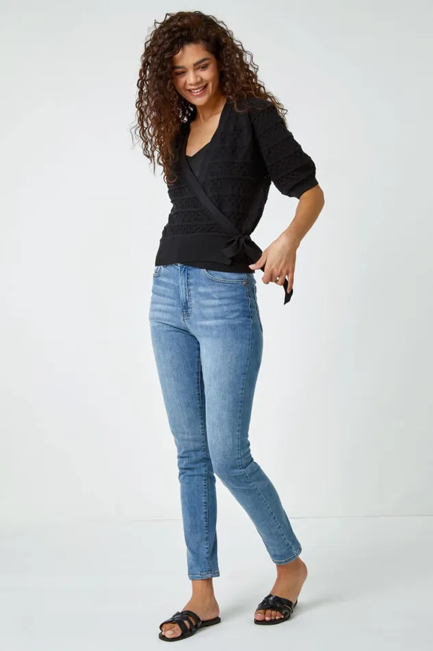 Women Black Cotton Wrap Tie Detail Cardigan Roman Knitwear