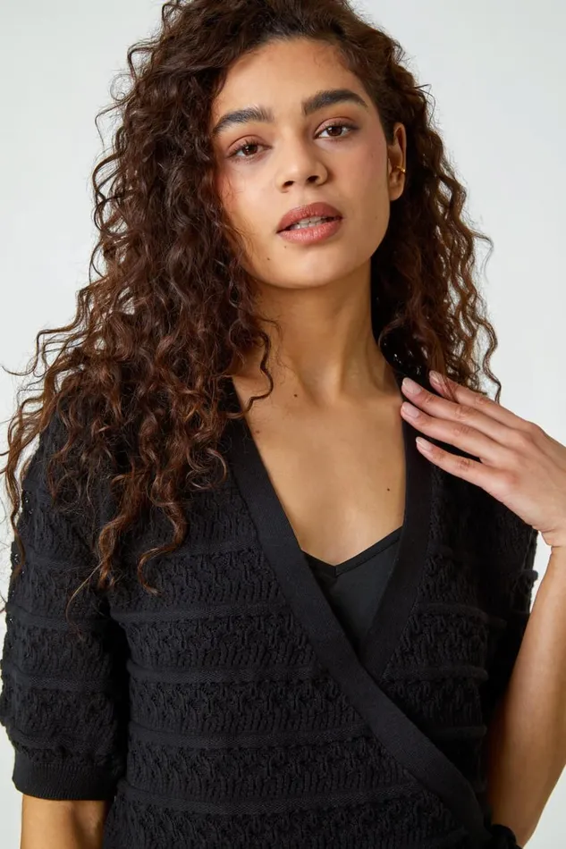 Women Black Cotton Wrap Tie Detail Cardigan Roman Knitwear