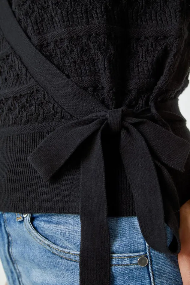 Women Black Cotton Wrap Tie Detail Cardigan Roman Knitwear
