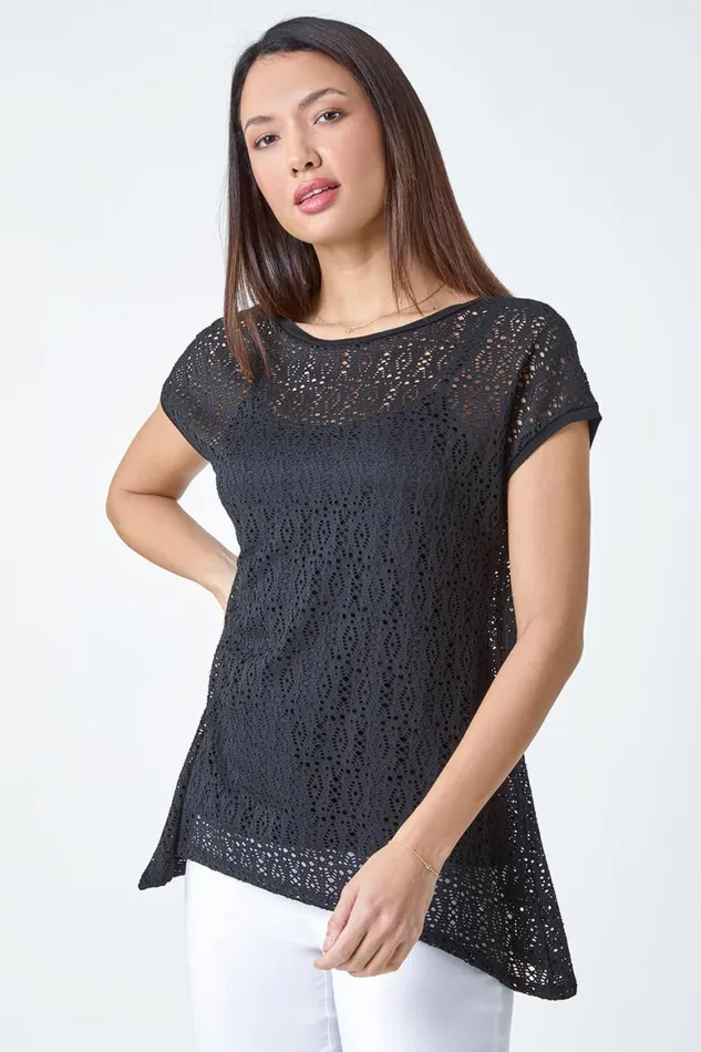 Women Black Crochet Overlay Stretch Top Roman Tops