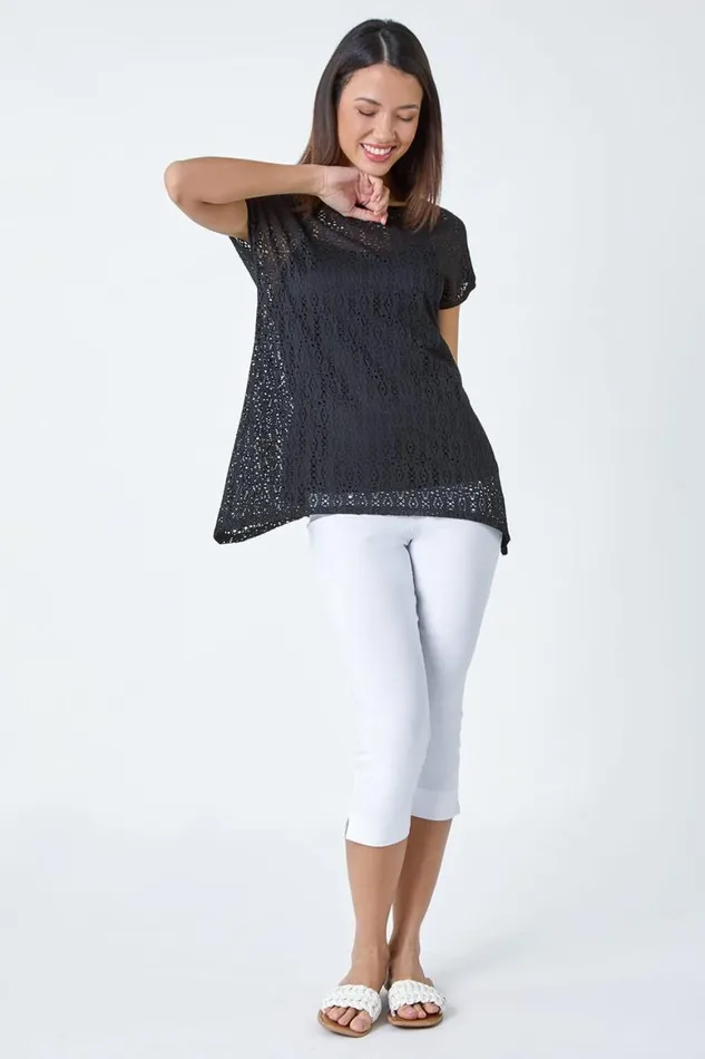 Women Black Crochet Overlay Stretch Top Roman Tops