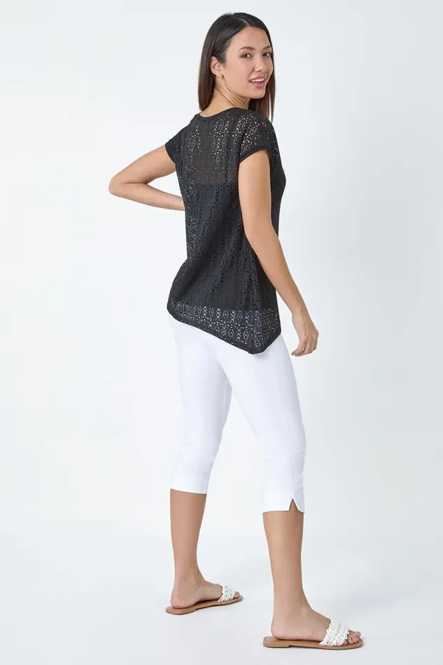 Women Black Crochet Overlay Stretch Top Roman Tops